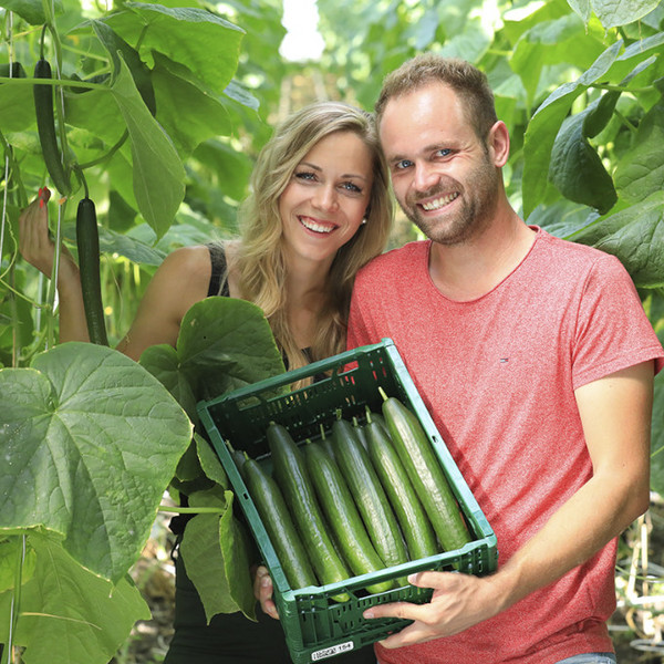 Ein Mann und eine Frau stehen auf Ihrem Zucchinifeld und lächeln mit einer Kiste voller Zucchinis in die Kamera