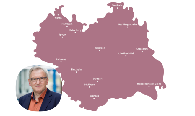 Karte der Expansion Südwest in den Regionen Baden-Württemberg und Rheinland-Pfalz mit Portrait des Expansionsleiters Martin Kühner