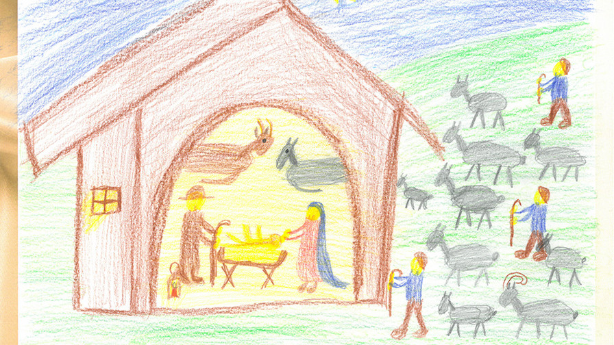 gezeichnete Bild: Weihnachtskrippe mit Maria und Josef