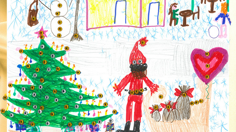 gezeichnete Bild: Weihnachtsbaum mit Nikolaus vor einer tegut... Filiale