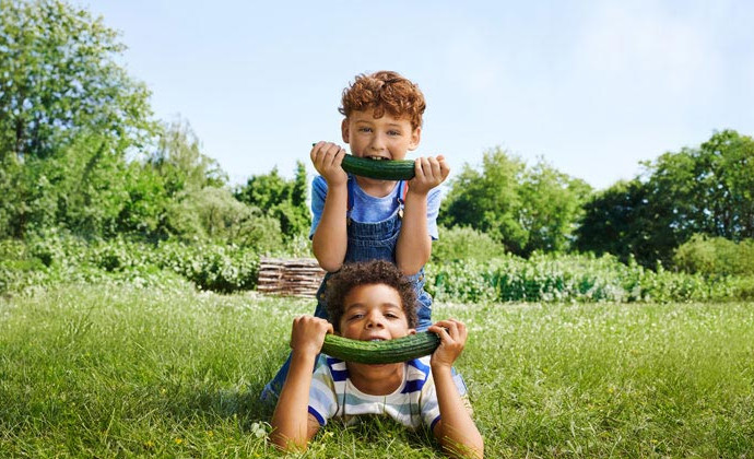 Weniger Verpackungen, mehr Nachhaltigkeit im Leben: Auf dem Bild sind zwei Jungen zu sehen, wie sie auf einer grünen Wiese liegen und sich spielerisch eine Gurke vor den Mund halten.