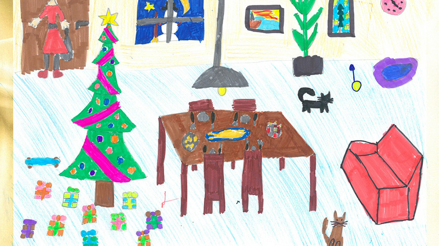 gezeichnete Bild: Wohnung mit Weihnachtsbaum und Geschenken