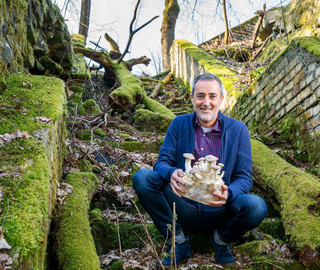 Mann im Wald mit Pilzen in der Hand