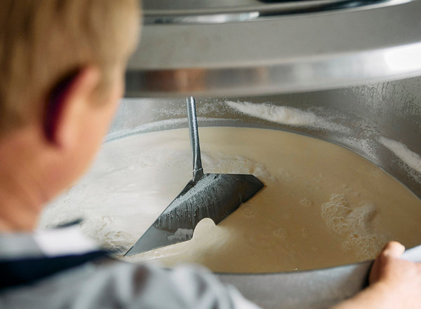 Eine Bildaufnahme von einer Maschine, die die Molke stetig rührt, woraus später Käse entsteht.