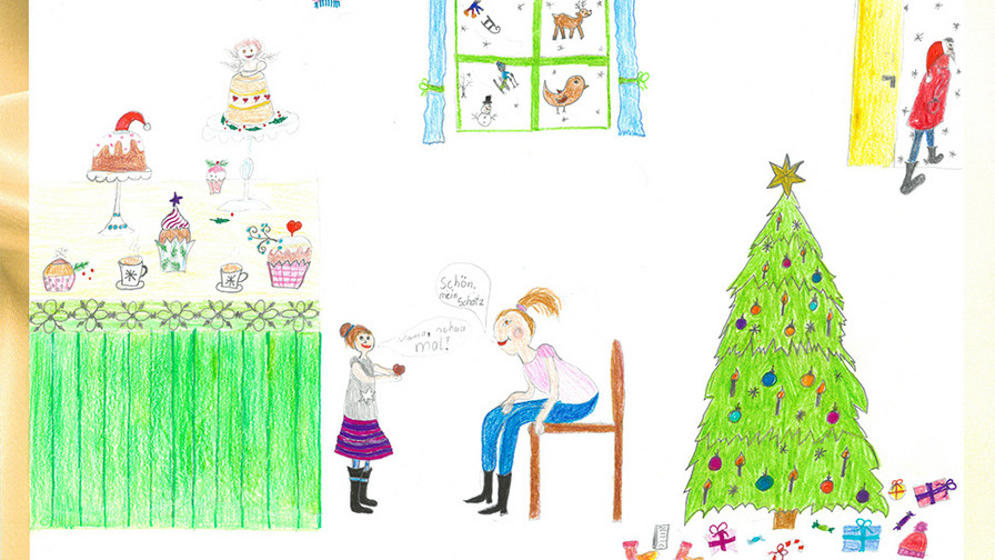 gezeichnete Bild: Familie um einen Weihnachtsbaum 