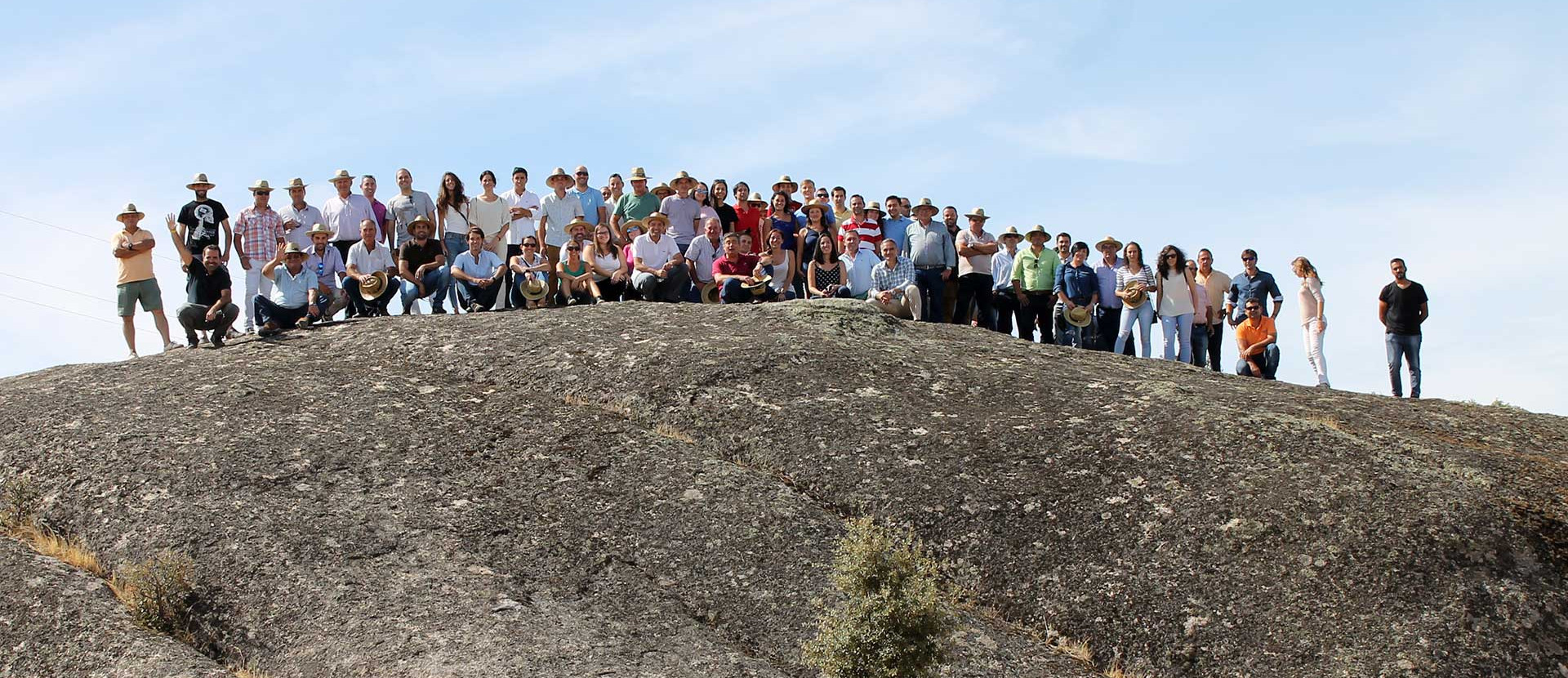 Gruppenfoto, das große Team ist auf einem Felsen versammelt