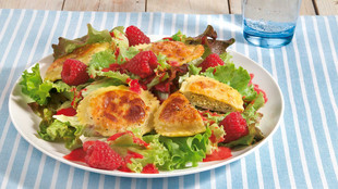 Bio-Salat mit Teigtaschen und Himbeerdressing
