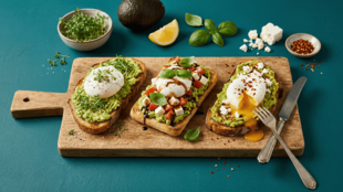 3 Brote mit Avocadocreme und pochiertem Ei auf Holzbrett