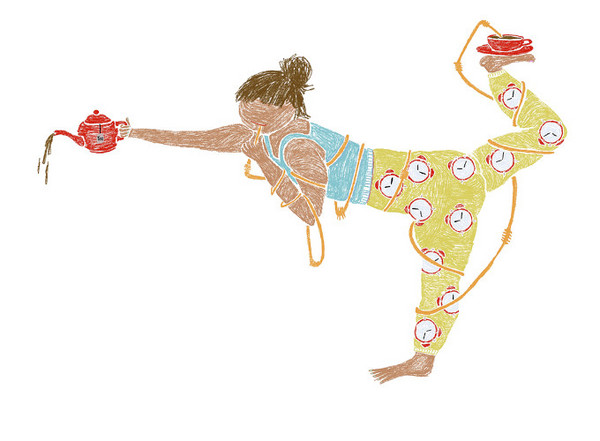 Eine Illustration von einer Frau die Yoga macht mit einer Kanne Tee in der Hand und einem Becher auf dem Fuß