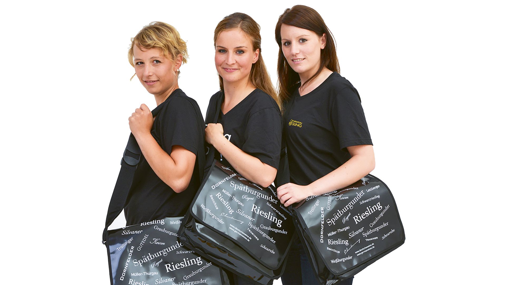 Gewinnspielbanner Biowein, drei Frauen mit schwarzen Taschen