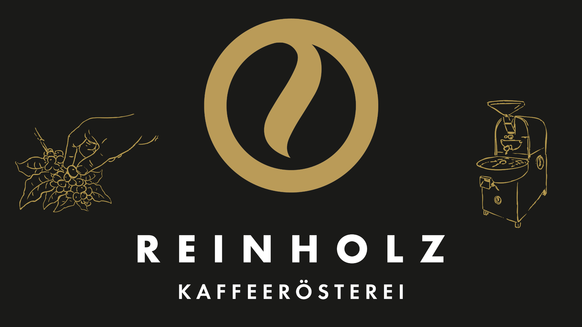 Reinholz Kaffeerösterei Logo auf Hintergrund in anthrazit mit Skizze eines Trommelrösters und eines Kaffeestrauchs