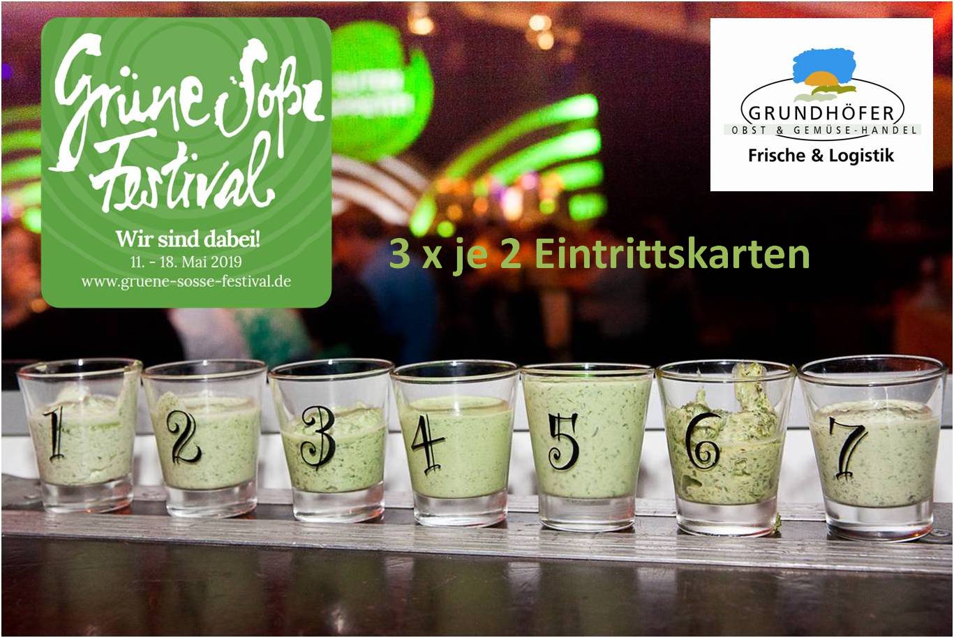 Gläser gefüllt mit "Grünen Soßen", Banner des Grüne Soße Festivals und Logo des Grundhöfer Obst & Gemüse-Handels