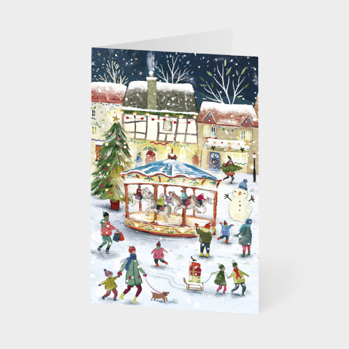 Eine Unicef Weihnachtskarte mit einem Karusell und Menschen die Eislaufen