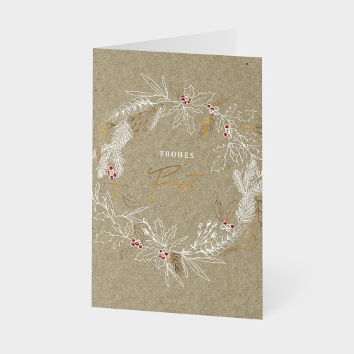 Eine Unicef Weihnachtskarte mit einem einem Kranz aus zierlichen Blumen