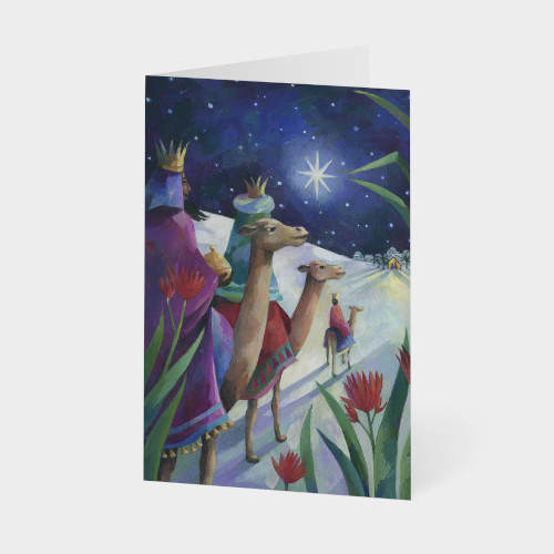 Eine Unicef Weihnachtskarte mit den heiligen 3 Königen, die in Richtung des Sterns laufen