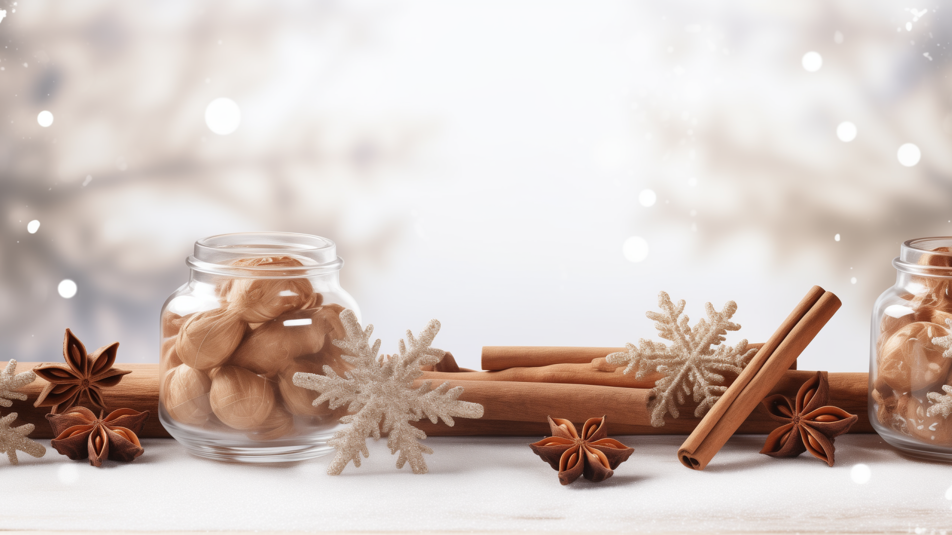 weihnachtliche Dekoration aus Zimtstangen, Nüssen in Gläsern, Schneeflocken und Glitzersternen vor einem hellen Hintergrund
