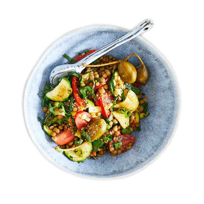 Zu sehen ist ein Teller von oben mit nur veganen Zutaten wie Linsen, Zucchini, Paprika, Tomaten, Kräutern - ein Symbolbild für die verschiedenen Ernährungsformen.