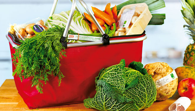 Das Bild zeigt einen vollen Einkaufskorb mit Bio-Gemüse für eine gesunde und nachhaltige Ernährung.