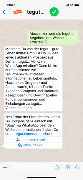 tegut... WhatsApp Chat mit Marketing-Opt-In für die Anmeldung im WhatsApp Chat