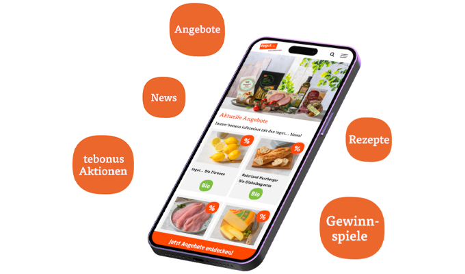 tegut... E-Mail Newsletter am Smartphone mit den Vorteilen des Newsletter dargestellt in Kreisen um das Smartphone herum.