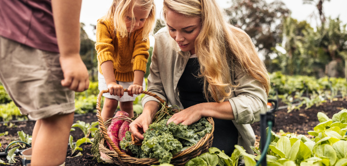 Eine Frau hockt mit ihren Kindern im Feld und erntet frisches Gemüse