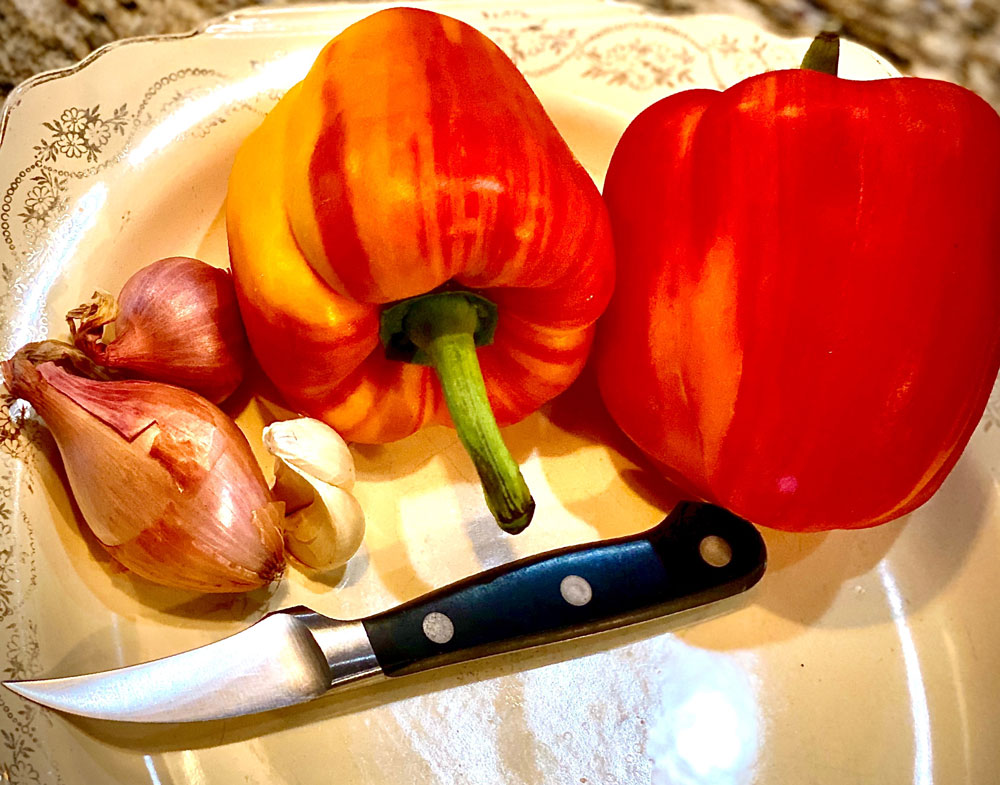 Kleines Messer mit Zwiebel und Paprika auf Teller