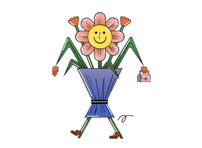 Eine Illustration von einem Straußblumen mit Beinen