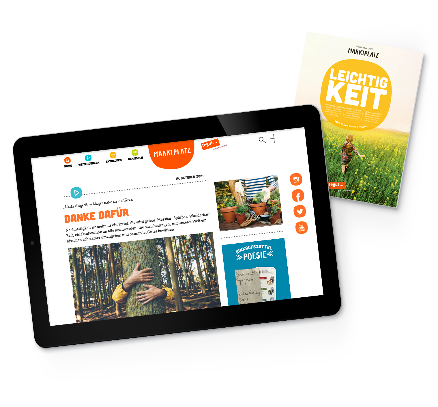 Tablet mit Online-Marktplatz und Titelseite des Print Magazin Juli und August 