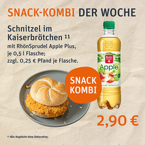 Snack-Kombi der Woche Schnitzel im Kaiserbrötchen mit 0,5 RhönSprudel Apple Plus 