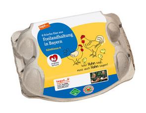 Darstellung von 6 Eier aus Freilandhaltung in Bayern Junghahn