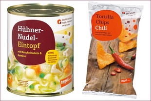Produktabbildungen der tegut... Hühner-Nudel-Eintopf und tegut... Tortilla Chips Chili