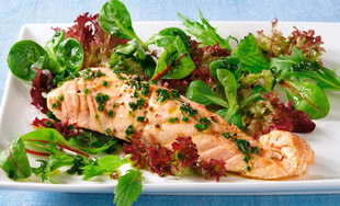 Gemischter Salat mit Lachs und Kräuter-Würzöl
