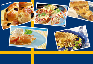 verschiedene schwedische Rezeptbilder auf schwedischer Flagge