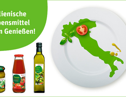 tegut... Mehrwertmarke-Produkte aus Italien neben Teller mit Stiefel