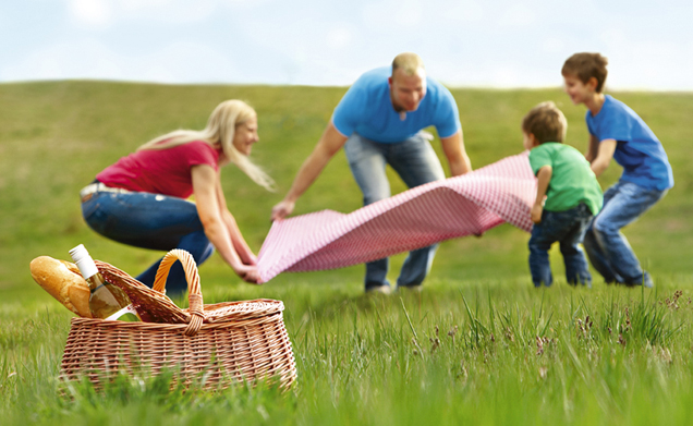Eine Familie bereitet auf einer Wiese eine Picknickdecke aus